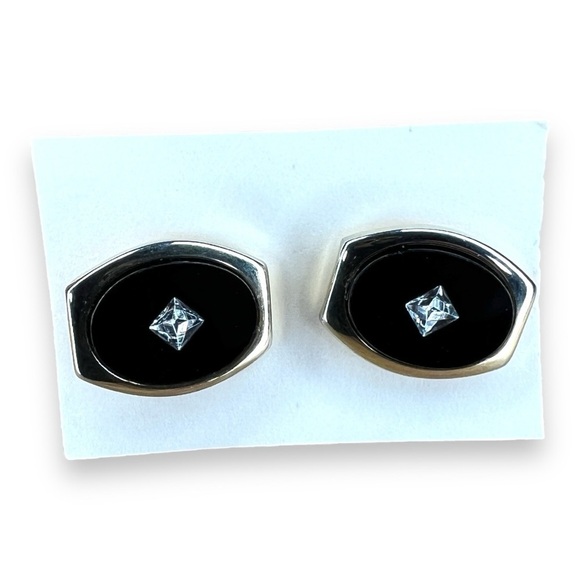 VINTAGE CUFFLINKS BLACK SILVER RHINESTONE ACCENT EVENT FORMAL WEDDING - Picture 1 of 6